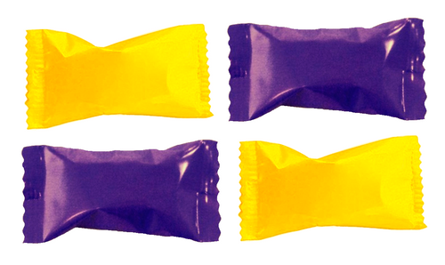 Purple & Gold Butter Mints. These mints come individually wrapped in purple and deep yellow. Package includes approximately 50 creamy butter mints. Net WT. 7oz.
