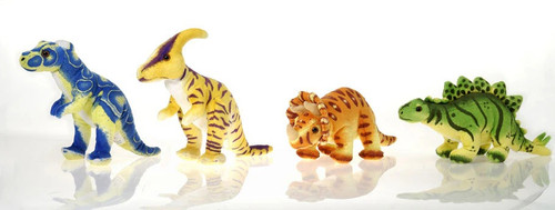 Designed with soft fabric and bean-filled feet for extra weight, they sit upright. Available in four styles: blue and yellow T. rex, orange and purple Parasaurolophus, orange and yellow Triceratops, and green and yellow Stegosaurus. Desired dinosaur not guaranteed. Package includes 1 toy, measuring about 11.5in.