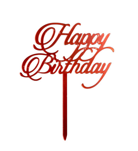 Red Acrylic Happy Birthday Pick. Featuring "Happy Birthday" in a script font. Measures 4.5in x 3in. Red Acrylic Happy Birthday Pick. Featuring "Happy Birthday" in a script font. Measures 4.5in x 3in.