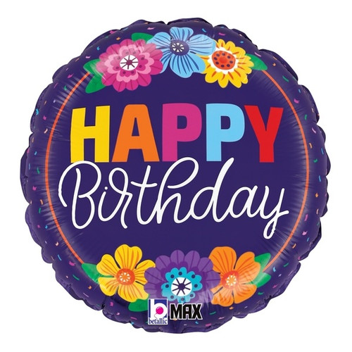 Bold Bloom Birthday Balloon. This circular balloon features a metallic purple background, decorated with colorful flowers above and below the text. The word "HAPPY" stands out in multicolored letters, while "Birthday" is  written in white script. Balloon is approximately 18 inches after inflation.