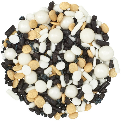 Cheers to You Fusion Sprinkle Mix! This blend features jimmies sprinkles, quins, nonpareils, pearls, and sanding sugars in a color scheme of gold, black, and white. Perfect for adding a touch of glamour to cakes, cupcakes, cookies, and more. Color variations may occur. Net WT 2.5oz. Cheers to You Fusion Sprinkle Mix! This blend features jimmies sprinkles, quins, nonpareils, pearls, and sanding sugars in a color scheme of gold, black, and white. Perfect for adding a touch of glamour to cakes, cupcakes, cookies, and more. Color variations may occur. Net WT 2.5oz.