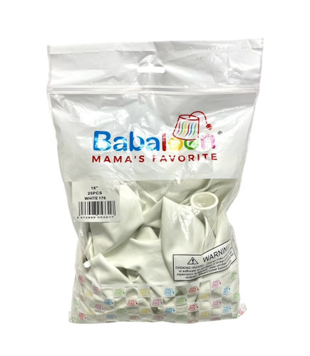 White Latex Balloons. Package includes 25 count, 18 inch uninflated balloons.