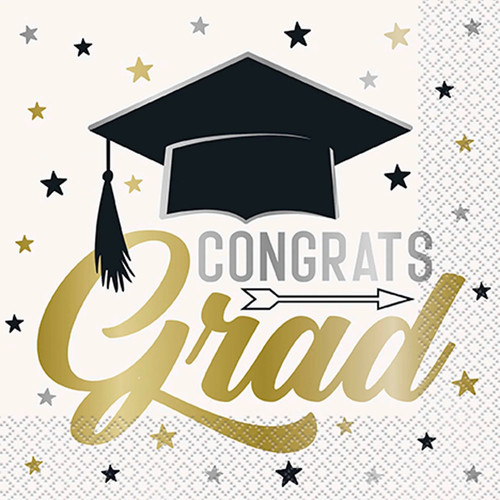 Stars and Caps Luncheon Napkins. Featuring a white background, these 2-ply paper napkins are adorned with a pattern of gold, black, and silver stars. The center showcases "CONGRATS" in silver, over an arrow, with large text "Grad" underneath in gold. A black grad cap sits on top, with a silver outline. Package includes 16 count napkins measuring 6.5in when folded.