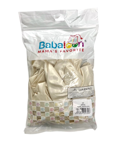 Pearl White Latex Balloons. Package includes 25 count, 18 inch uninflated balloons.