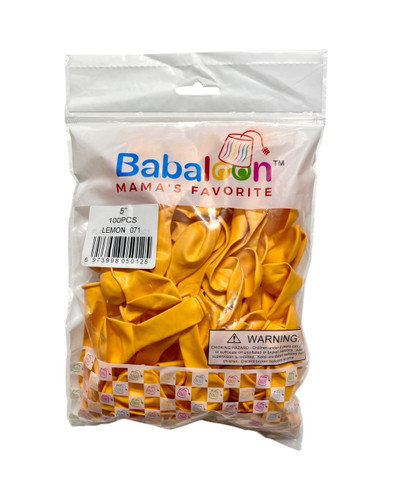 Lemon Latex Balloons. Package includes 100 count, 5 inch uninflated balloons.