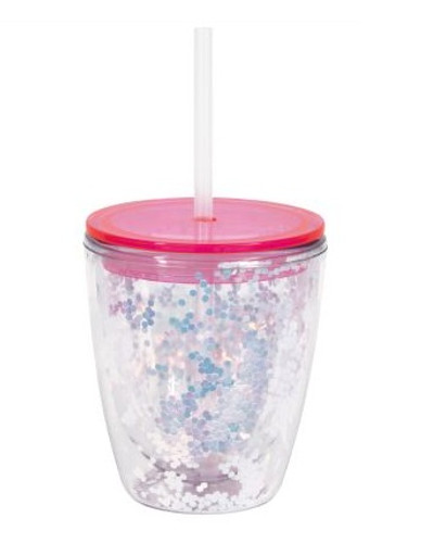 Iridescent Confetti Plastic Tumbler. Designed with a double-wall construction with iridescent confetti, this reusable cup features a translucent pink lid and a clear plastic straw. Measures 4.5in tall without straw, 14.3oz.