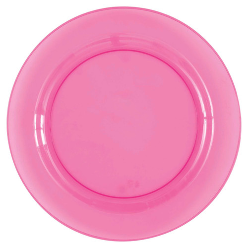 Pink Translucent Plastic Dinner Plates. Made from clear pink plastic. Package includes 4 count plates measuring 10.25in.