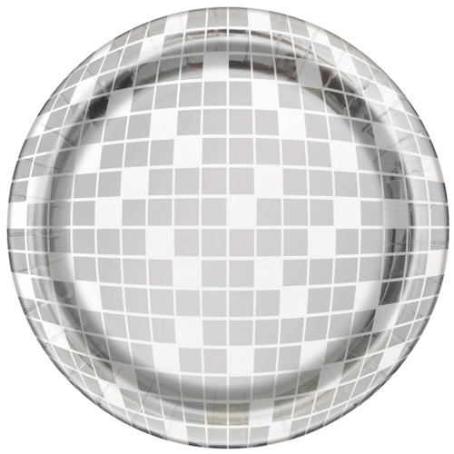 Dance Party Luncheon Plates. Shaped like a classic disco ball, each plate features silver foil and white square details that shimmer and shine. Package includes 8 count plates measuring 8.5in. Dance Party Luncheon Plates. Shaped like a classic disco ball, each plate features silver foil and white square details that shimmer and shine. Package includes 8 count plates measuring 8.5in.