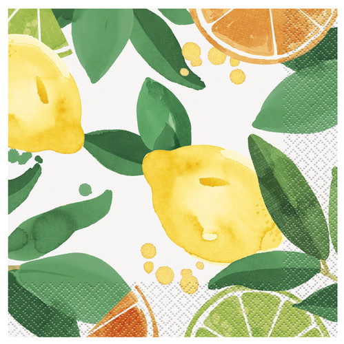 Summer Citrus Luncheon Napkins. Featuring a white background decorated with lemons, orange and lime slices, and green leaves. Package includes 16 count 2 ply paper napkins measuring 6.5in when folded. Summer Citrus Luncheon Napkins. Featuring a white background decorated with lemons, orange and lime slices, and green leaves. Package includes 16 count 2 ply paper napkins measuring 6.5in when folded.