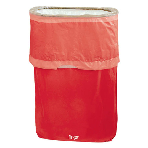 Flings Trash Bin - Red. Includes 1 - 22in x 15in x 10in collapsible trash bin. Holds up to 13 gallons.