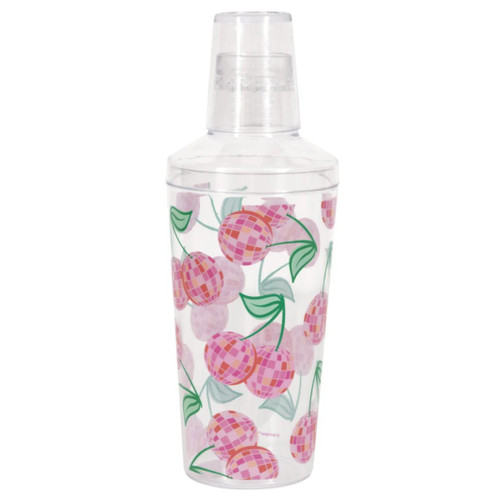 Summer Disco Plastic Cocktail Shaker. Made from clear plastic, this shaker features a playful wrap around print of pink disco ball shaped cherries. Measures 9in, 20oz.