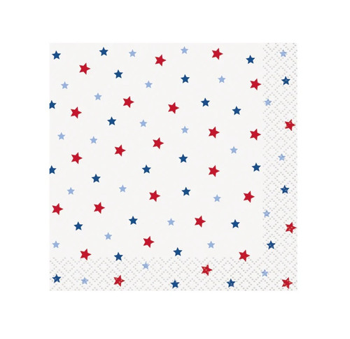 USA Beverage Napkins. Featuring a white background with a scattered pattern of red, light blue, and dark blue stars. Package includes 16 count 2-ply paper napkins measuring 5in when folded.