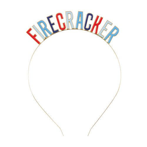 Firecracker Enamel Headband. Features a metal band with a gold finish and the word "FIRECRACKER" spelled out across the top in red, light blue, blue, and dark blue enamel letters. Perfect for 4th of July parties, summer festivals, or anytime you want to show off your sparkly spirit. One size fits most.