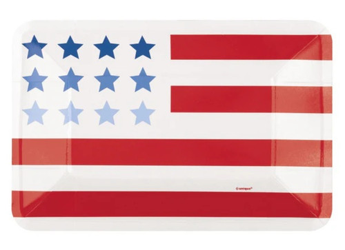 Patriotic USA Appetizer Plates! Shaped in a rectangle, these white plates feature an American flag-inspired design with blue stars in the corner and bright red stripes across the surface. Package includes 8 count plates measuring 8.75in x 5.75in.