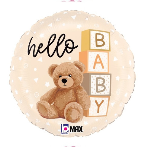 Hello Baby Teddy Bear Balloon. Set against an off-white background with a pattern of white circles, triangles, and swirls, this circular balloon features a cuddly teddy bear leaning against a stack of neutral-toned building blocks that spell out BABY, while black script simply says “hello.” Balloon is approximately 18 inches after inflation.