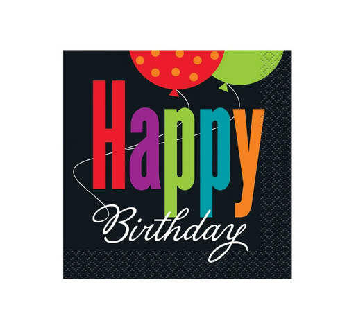 Birthday Cheer Beverage Napkins. These black 2-ply paper napkins feature the words "Happy" in multicolor lettering and "Birthday" in smaller white script. A red balloon with orange polka dots and a green balloon float just above the text. The back reveals a white background sprinkled with even more colorful balloons. Package includes 16 count napkins measuring 5in when folded. Birthday Cheer Beverage Napkins. These black 2-ply paper napkins feature the words "Happy" in multicolor lettering and "Birthday" in smaller white script. A red balloon with orange polka dots and a green balloon float just above the text. The back reveals a white background sprinkled with even more colorful balloons. Package includes 16 count napkins measuring 5in when folded.