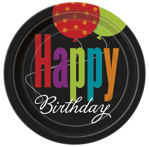 Birthday Cheer Luncheon Plates. These black paper plates feature the words "Happy" in multicolor lettering and "Birthday" in smaller white script. A red balloon with orange polka dots and a green balloon float just above the text. Package includes 8 count plates measuring 8.5in. Birthday Cheer Luncheon Plates. These black paper plates feature the words "Happy" in multicolor lettering and "Birthday" in smaller white script. A red balloon with orange polka dots and a green balloon float just above the text. Package includes 8 count plates measuring 8.5in.