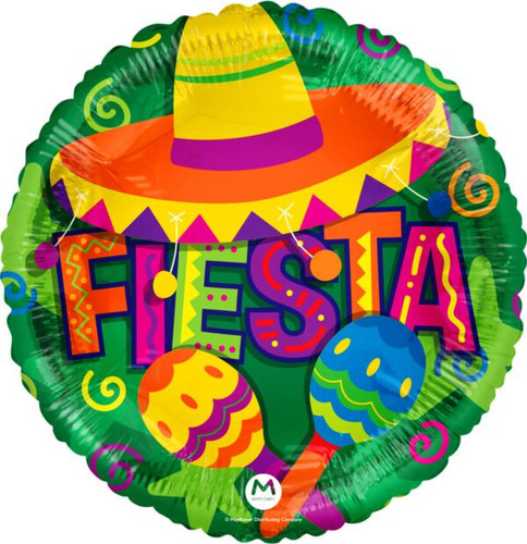 Fiesta Festive Balloon. The balloon features a green background, a sombrero, and maracas.  Colorful text reading "FIESTA" sits over the green background . Balloon is approximately 17 inches after inflation.