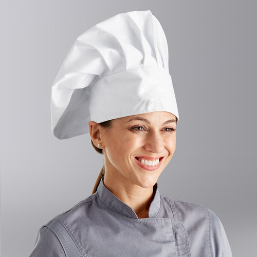 White Chef Hat - front. Made from lightweight fabric, this large chef hat features a traditional puffed top and an adjustable Velcro strap in the back for a customizable fit. Measures 13in.