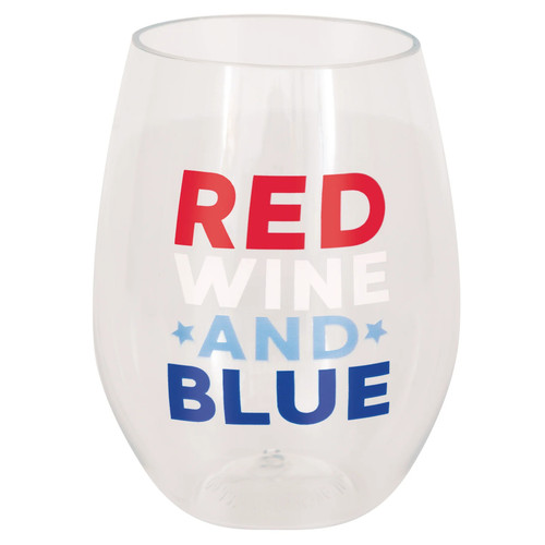 Red Wine and Blue Plastic Stemless Glass. This clear, plastic cup features a twist on the patriotic phrase, with text that reads "RED" in red, "WINE" in white, "AND" in light blue with stars on each side, and "BLUE" in dark blue. Package includes one plastic glass, measures 15oz. Red Wine and Blue Plastic Stemless Glass. This clear, plastic cup features a twist on the patriotic phrase, with text that reads "RED" in red, "WINE" in white, "AND" in light blue with stars on each side, and "BLUE" in dark blue. Package includes one plastic glass, measures 15oz.