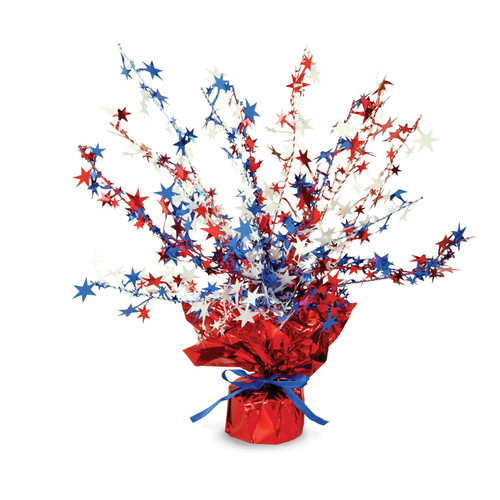 Star Gleam 'N Burst Centerpiece. Featuring a shiny red foil base and a spray of red, white, and blue foil stars. Measures 15in.