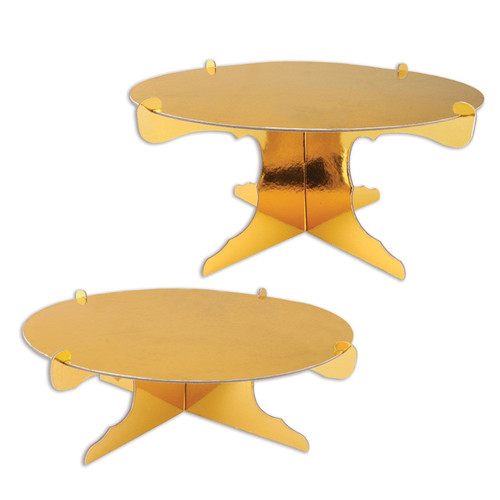 Metallic Gold Cake Stands. Made from cardboard and finished with a gold foil coating. Each set includes two round stands measuring 12.5 inches in diameter, one 4 inches high and the other 6 inches high. Package includes 2 count cake stands. Assembly required. Metallic Gold Cake Stands. Made from cardboard and finished with a gold foil coating. Each set includes two round stands measuring 12.5 inches in diameter, one 4 inches high and the other 6 inches high. Package includes 2 count cake stands. Assembly required.