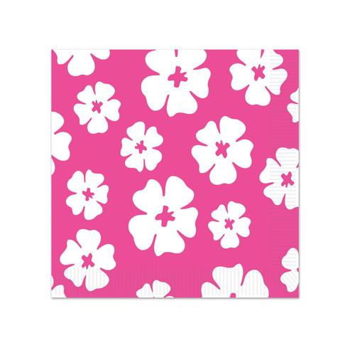 Hibiscus Beverage Napkins. Featuring a pink background and a pattern of white hibiscus flowers. Package includes 16 count 2-ply paper napkins measuring 5in when folded