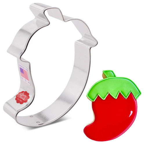 Chili Pepper Cookie Cutter. This sturdy metal cutter features a wide chili pepper shape. Measures approximately 4 inches.