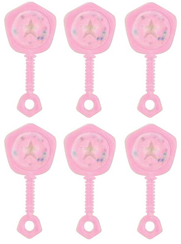 Pink Rattle Favors. These pink plastic rattles feature a clear star dome with tiny colorful beads inside. Package includes 6 count 2.75in favors.