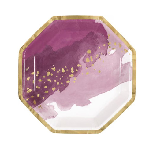 Modern Gold & Purple Luncheon Plates. These paper plates feature an octagon shape with a splash of purple over white, with metallic gold detailing and borders. Package includes 8 count 8.25in plates. Modern Gold & Purple Luncheon Plates. These paper plates feature an octagon shape with a splash of purple over white, with metallic gold detailing and borders. Package includes 8 count 8.25in plates.
