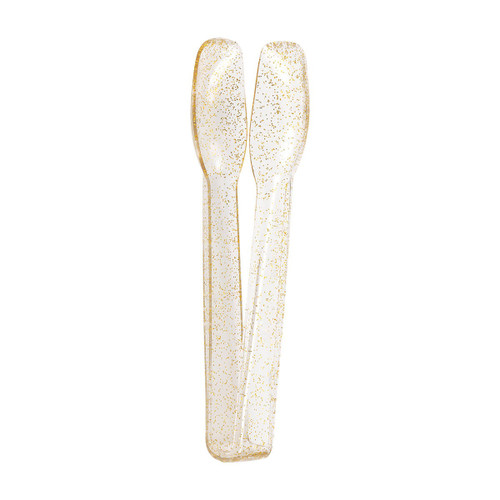 Gold Glitter Plastic Tongs! These tongs are made from clear plastic with shimmery gold glitter. Package includes 4 count tongs measuring 6.25 inches.