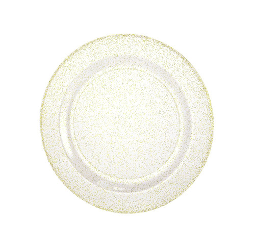 Gold Glitter Plastic Dessert Plates. These clear plastic plates have shimmery gold glitter. Package includes 8 count, 7.25 inch plates. Gold Glitter Plastic Dessert Plates. These clear plastic plates have shimmery gold glitter. Package includes 8 count, 7.25 inch plates.