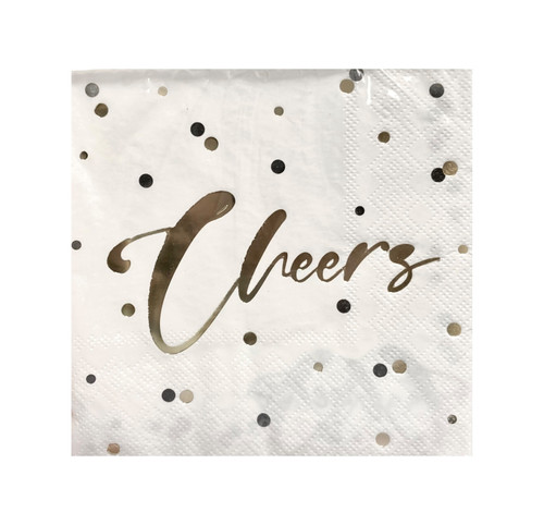 Cheers Beverage Napkins. Featuring a white background with black and gold foil dots, these 2-ply paper napkins are accented with "Cheers" in shiny gold foil at the center of the front. The back will have a solid gold "Cheers" in the bottom left corner. Package includes 16 count napkins measuring 5in when folded.