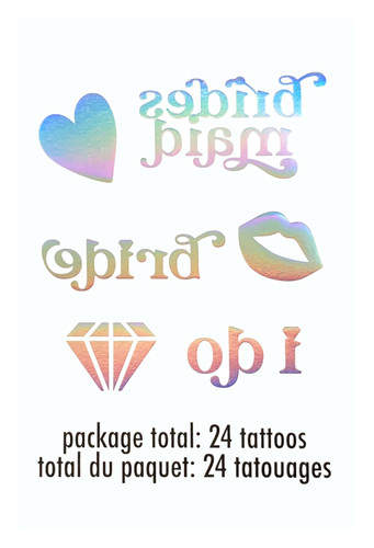Iridescent Bride & Bridesmaid Tattoos! Each set includes temporary tattoos in iridescent foil featuring hearts, diamonds, kissy lips, and sweet sayings like "bride," "brides maid," and "I do." Package includes 24 total temporary tattoos.
