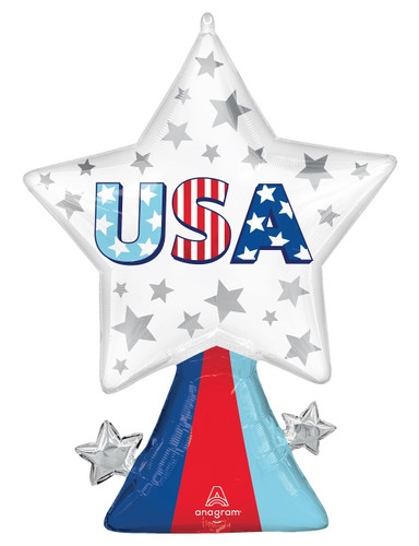USA Star Bursts Balloon. Shaped like a large white star, this balloon features a shimmering pattern of silver stars. At the center, “USA” is displayed with each letter filled with patterns of blue or light blue with white stars, and classic red and white stripes. Beneath the star is a trail of blue, red, and lighter blue, with a silver star on each side. Balloon is approximately 32 inches after inflation.