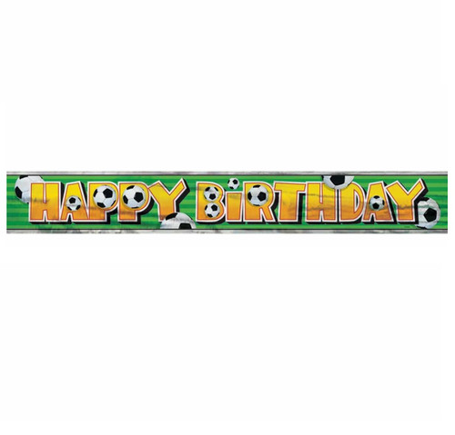 Foil Soccer Birthday Banner. Designed with green and dark green stripes for a sporty field-inspired look, this banner features “HAPPY BIRTHDAY” in a yellow gradient with a white outline and black shadow. Silver trim adds an extra shiny finish, while multiple soccer balls are scattered throughout. Measures 4.9in x 12ft.