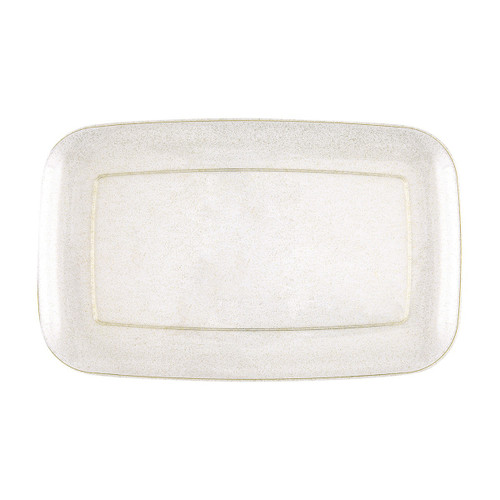 Clear Gold Glitter Plastic Serving Tray. Featuring rounded rectangle shape, this tray has a clear design accented with gold glitter. Measures 11 inches by 18 inches. Clear Gold Glitter Plastic Serving Tray. Featuring rounded rectangle shape, this tray has a clear design accented with gold glitter. Measures 11 inches by 18 inches.