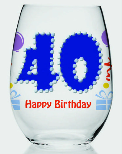 40th Birthday Stemless Wine Glass. This wine glass features a painted design with jewel accents and "40 Happy Birthday" in blue numbers and orange letters. Holds up to 15oz.
