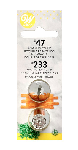 Basketweave & Mutli Opening Tip Set. It includes a #47 tip, which is perfect for making a layered basketweave look, and a #233 tip, which is perfect for making grass or fur texture.