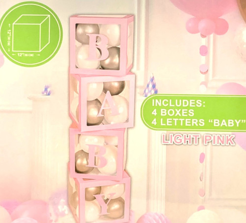 Baby Pink Balloon Boxes. These clear plastic and light pink cardstock boxes can be filled with 5in balloons. Each box has a letter that spells out "BABY". Package includes 4 count 12in x 12in boxes. Balloons not included.