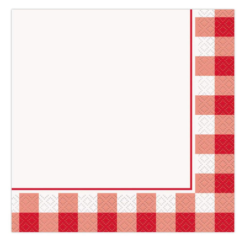 Red Gingham Luncheon Napkins. These white 2-ply paper napkins feature a bright red gingham pattern border. Package includes 16 count napkins measuring 6.5in when folded.