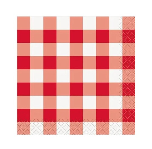 Red Gingham Beverage Napkins! These 2-ply paper plates feature a bright red gingham pattern. Package includes 16 count napkins measuring 5in when folded.