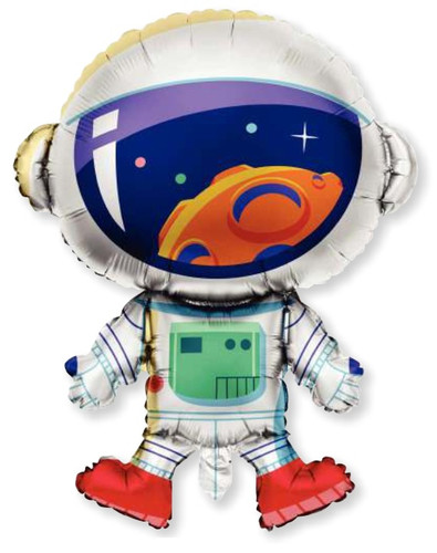 Astronaut Balloon. Dressed in an off-white suit with accents in blue, green, and red, the oversized helmet visor reflects an orange crater-filled planet. Balloon is approximately 33 inches after inflation.