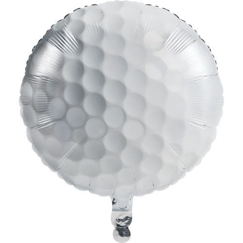 Golf Ball Balloon. This circular balloon features the classic white golf ball design, complete with a dimpled print. Balloon is approximately 18 inches after inflation.
