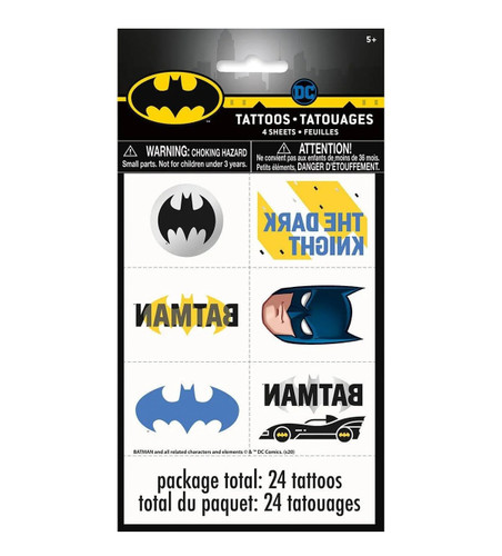 Batman Tattoos. Perfect for superhero themed parties, these sheets include Batman logos, the Batmobile, "THE DARK KNIGHT," and Batman's face. Package includes 24 total temporary tattoos.