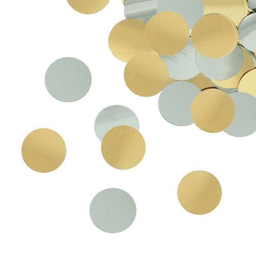 Jumbo Silver & Gold Foil Confetti. Round pieces measure about 1in. Net WT 2oz. Jumbo Silver & Gold Foil Confetti. Round pieces measure about 1in. Net WT 2oz.