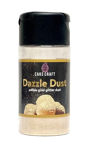 Dazzle Dust Edible Glitter - gold. Ultra-fine, food-safe glitter, available in other colors. Net WT 1.76oz.