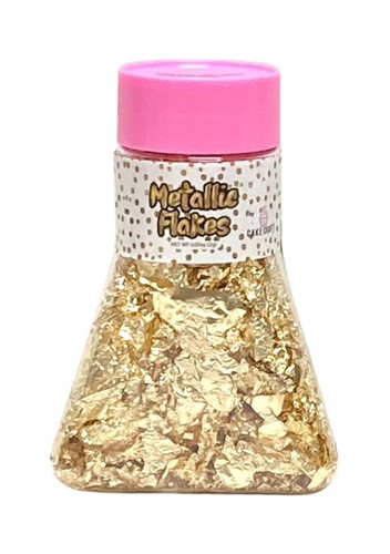 Metallic Flakes. These delicate, non-toxic flakes come in gleaming metallic gold. Please note: Metallic Flakes are for decoration only and not intended for consumption. Net WT .07oz.