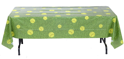 Softball Plastic Tablecover. Made from heavy-duty vinyl plastic, this durable tablecover features a green grass background with a fun pattern of bright yellow softballs in various sizes. Measures 54in x 108in.