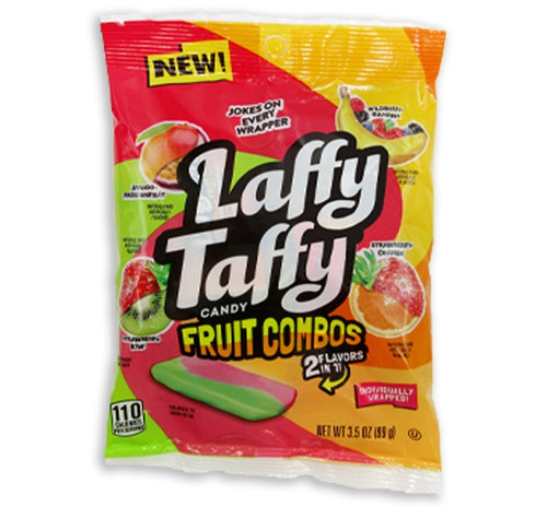 Laffy Taffy Fruit Combos Candy. This assorted flavor taffy candy features a joke on every wrapper. Flavors include strawberry-kiwi, mango-passionfruit, wildberry-banana, and strawberry-orange. Net WT 3.5oz.